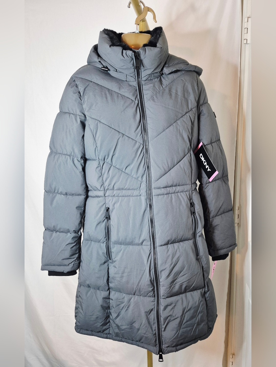 Dkny Gray Quilted Long Puffer Coat With Removable Hood Nwt Sz S